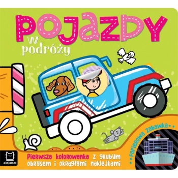 Książeczka edukacyjna Aksjomat Pojazdy w podróży. Pierwsza kolorowanka z grubym obrysem i okrągłymi naklejkami