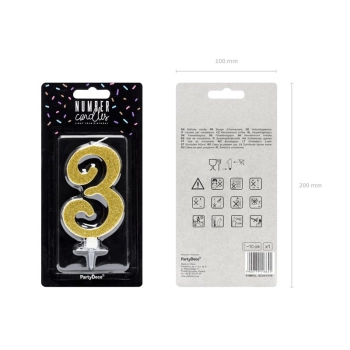 Świeczka urodzinowa Partydeco Cyferka 3, złoty, 10cm (SCU4-3-019)